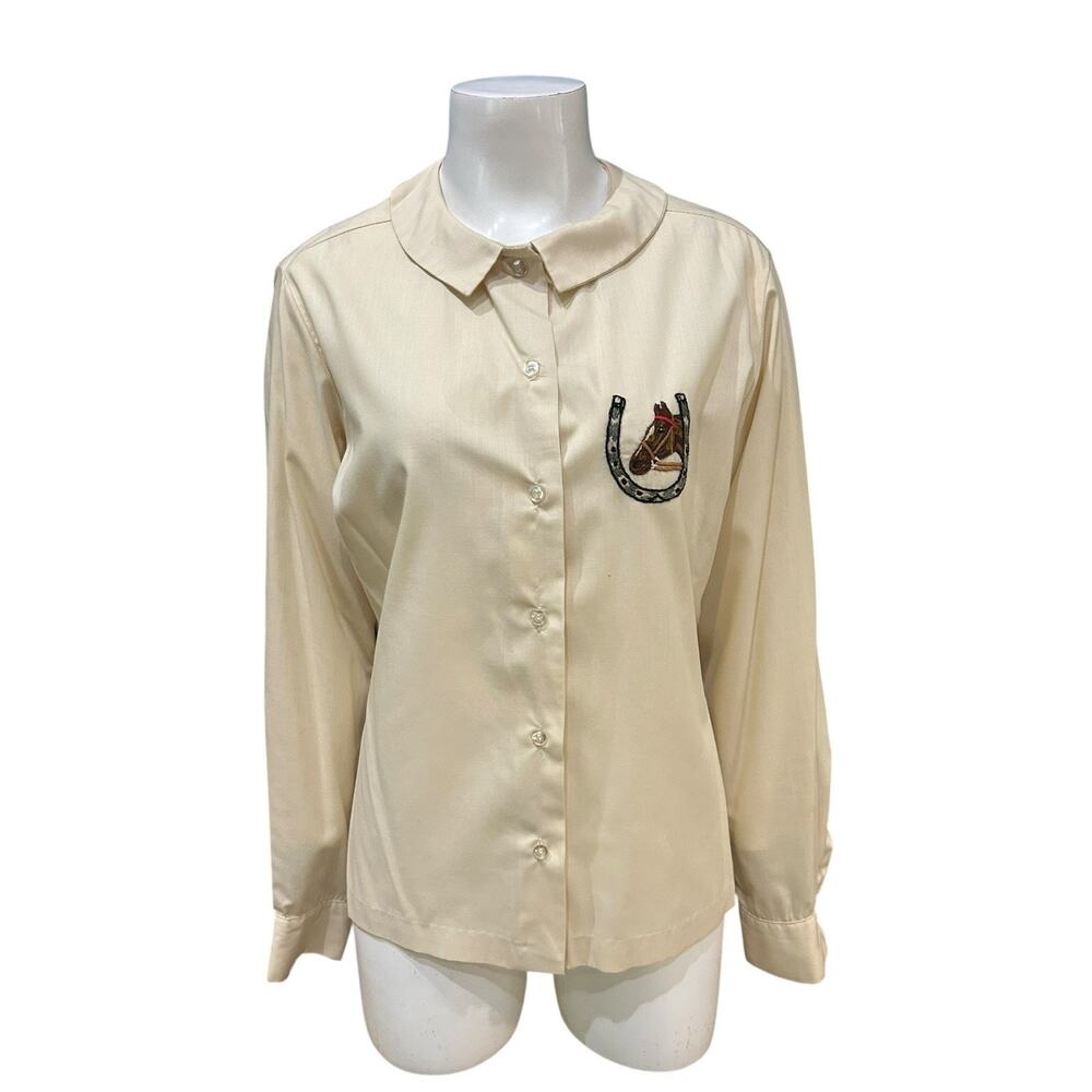 Vintage Equestrian Blouse Horse Embroidered Cream Button Up Lady Arrow L/XL -